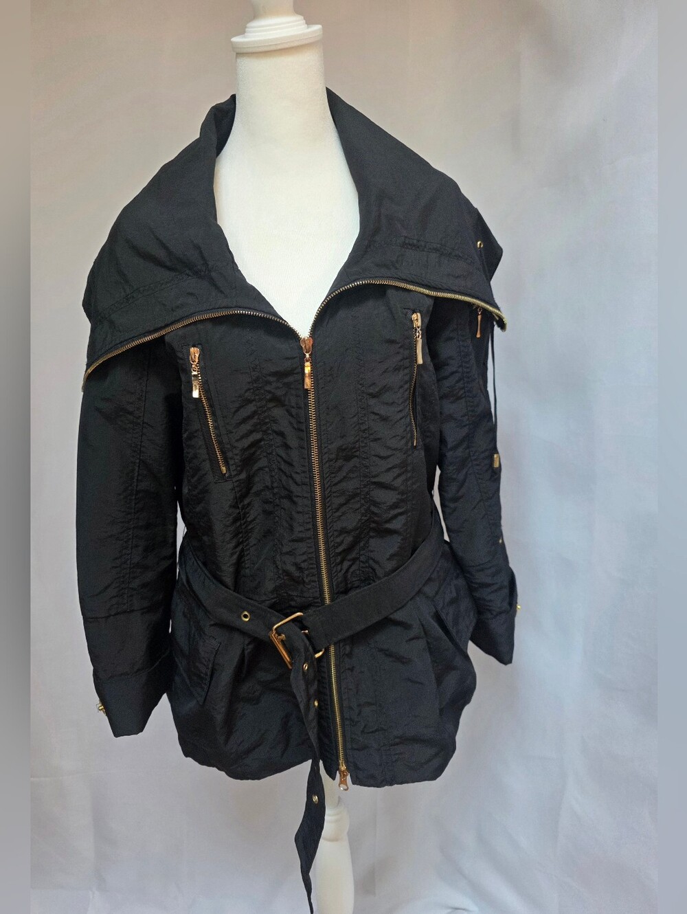Venezia Milano Black Belted Utility Jacket Oversized Collar Gold Zip Est. Small